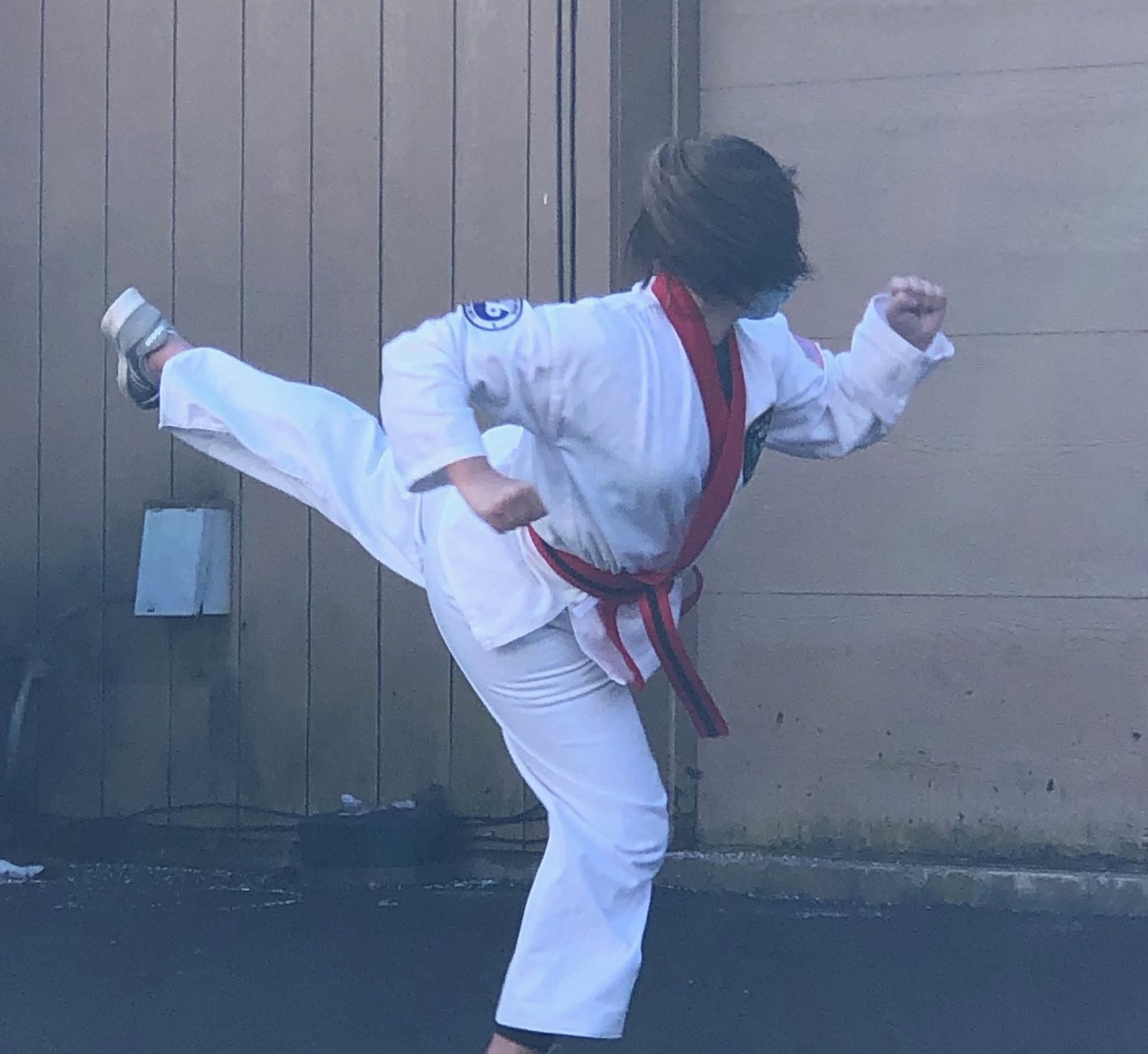 A student throwing a high side kick